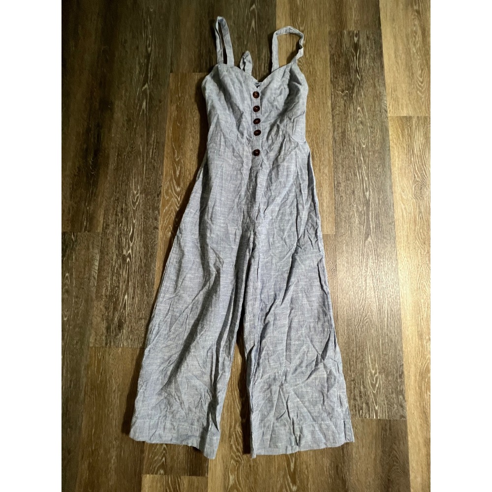 Rebellion Again Jumpsuit Womens Size M Blue White Striped Wide Leg Button Front